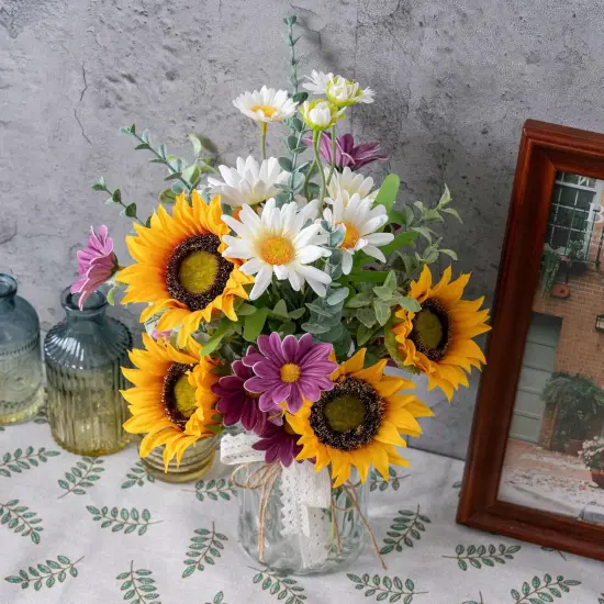 Artificial Faux Flowers in Vase for Home, Fake Flowers Arrangment with Pot, Sunflower Silk Daisy Bouquet for Fall Spring Decor Coffee Table Dinning Room Kitchen Centerpiece Table Decorations {2}