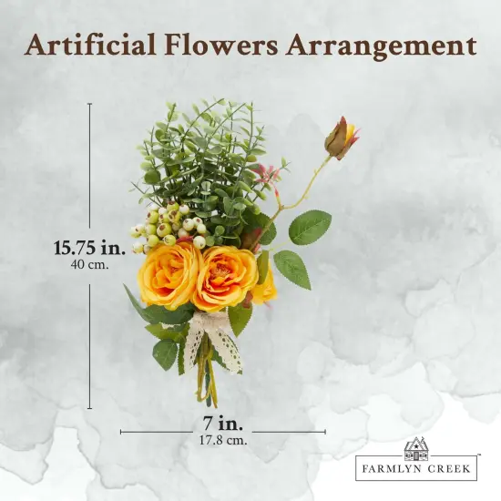 Yellow Silk Roses, Eucalyptus and Berry Bridal Bouquet, Wedding Centerpiece (15.7x7 In) {3}