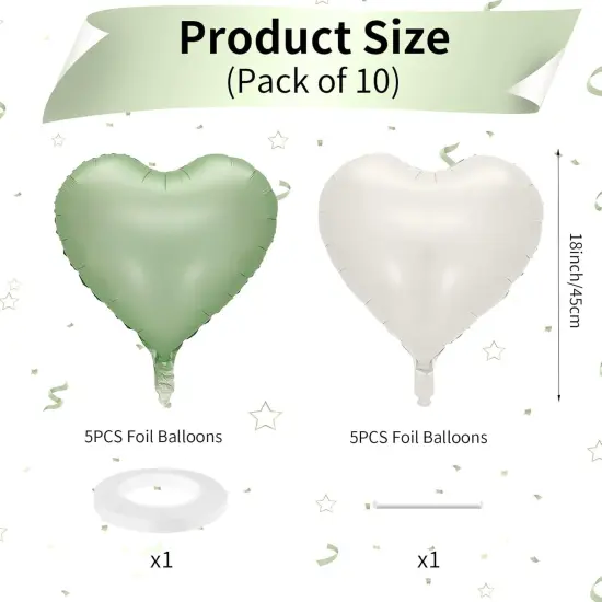 Sage Green White Heart Balloons, 10PCS Green Beige Foil Heart Balloons, 18inch Olive Green Cream White Heart Shape Balloons for Neutral Jungle Birthday Baby Shower Valentines Wedding Party Decorations {2}