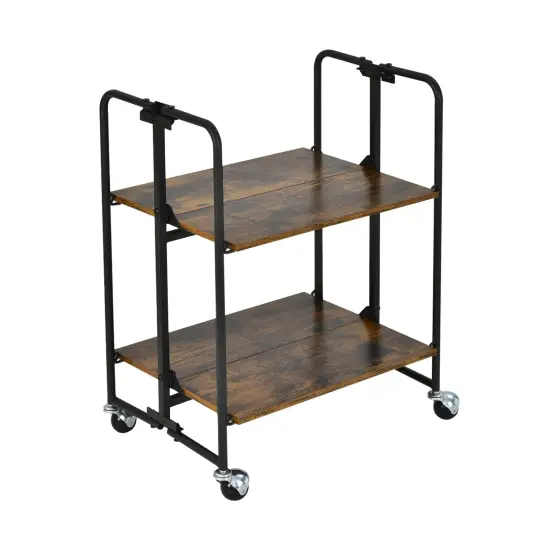 Rustic Brown Wooden Foldable Rolling Cart with Metal Frame and Storage Shelves Suitable to Any Room {2}