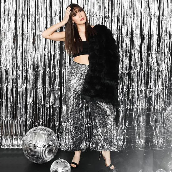 2 Pack 3.3x8.2 Feet Silver Foil Fringe Backdrop Curtains, Tinsel Streamers Birthday Party Decorations, Fringe Backdrop for Graduation, Baby Shower, Happy New Year, Disco Party {5}