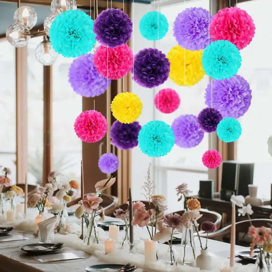 Blue Purple Yellow Rose Pink Tissue Paper Pom Poms Flower Set Decor-30PCS Ideal for Birthday,Bridal Showers,Wedding,Baby Shower Party Decorations (12",10",8",6) {4}