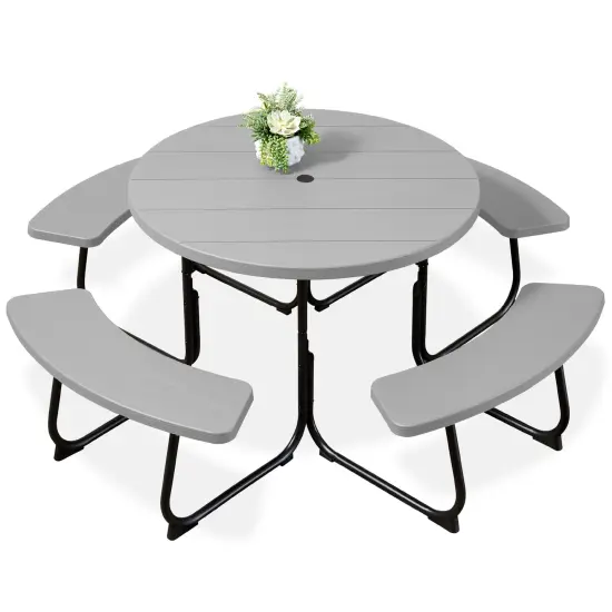 Best Choice Products 8-Person Circular Outdoor Picnic Table w/ 4 Benches, Umbrella Hole, 2000lb Capacity Light Gray {1}