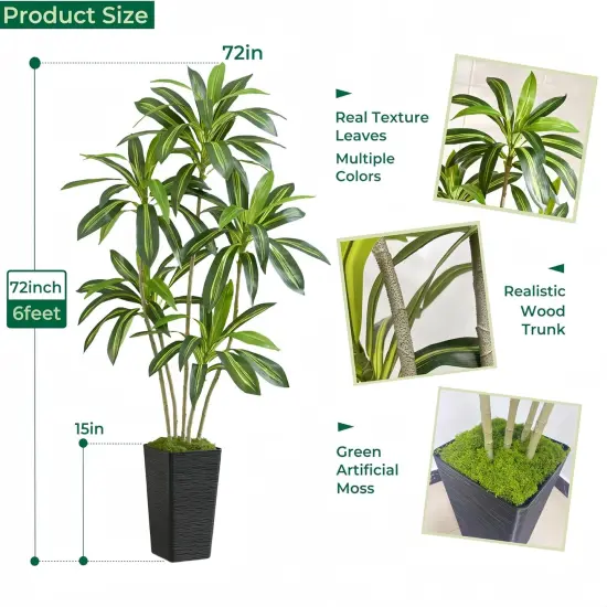6FT Artificial Dracaena Silk Tree with Black Planter - Real Touch Fake Plant for Home & Office Decor, Faux Yucca Indoor Floor Tree {4}