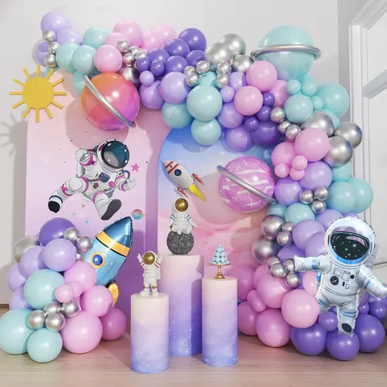 161pcs Space Balloons Arch Kit Outer Space Party Decorations with Space Astronaut Rocket Pink and Purple Balloons Space Themed Birthday Party Baby Shower Decorations {1}