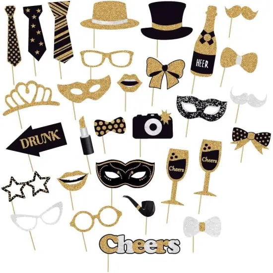 30 Pieces Black Golden Photo Booth Props for Birthday Wedding New Year Party,Mix of Hats, Mask, Lipstick, Tie, Crowns and More Funny Selfie Props {3}
