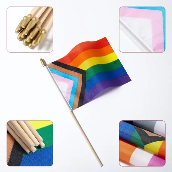 12 Pack Progress Pride Rainbow Flags Gay LGBT Small Mini Hand Held Stick Flag Festival Party Parades Decorations(5x8 Inch) {4}