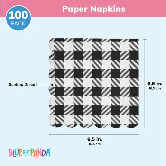 Black Plaid Scalloped Paper Napkins for Party Supplies (6.5 x 6.5 In, 100 Pack) White {4}
