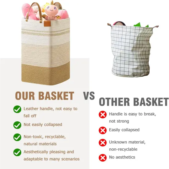Large Laundry Hamper &ndash; 75 L Tall Woven Cotton Storage Basket with Leather Handles, Slim Dirty Clothes Hamper, Decorative Storage Basket {5}