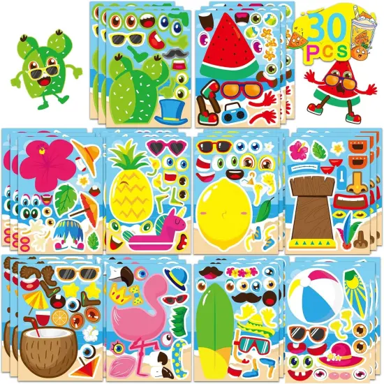 30 Sheets Hawaii Make a Face Sticker Summer Pool Beach Stickers for Kids Make Your Own Watermelon Pineapple Flamingo Stickers for Tropical Luau Craft Party Decor Sticker Summer Holiday Party Favors {1}