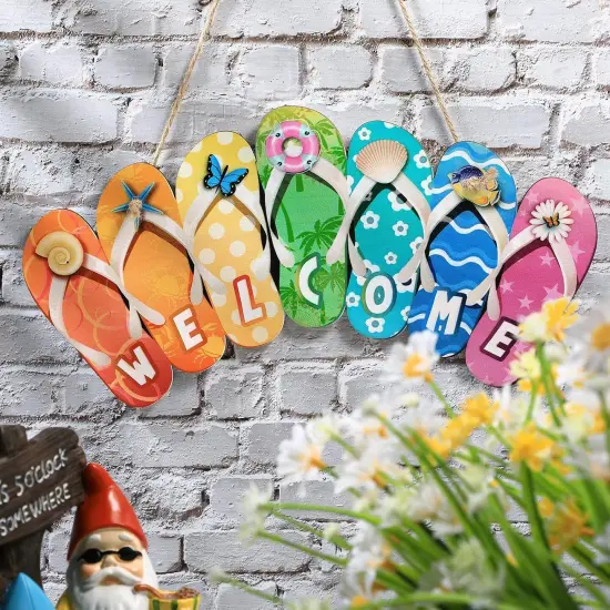 Summer Slippers Hanging Sign Shape Welcome Hello Flip Flop Wooden Door Plaque Rustic Wall Sign Yard Indoor Outdoor Garden Decoration with Rope {2}