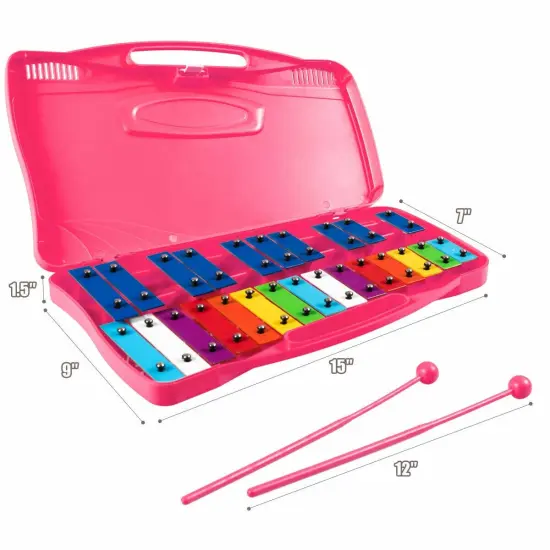 Portable Kids Glockenspiel Chromatic Metal Xylophone with 25 Tunes and 15 Rainbow Color Notes with 2 Full Octaves Pink {6}