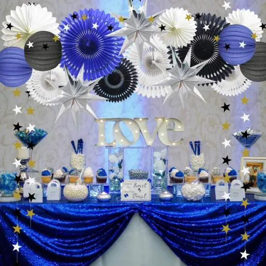 Hanging Party Decoration Supplies Set of Tissue Paper Fans Star Garland Paper Lanterns for Graduation Wedding Anniversary Birthday Backdrop Decoration (Navy Blue White Black) {4}