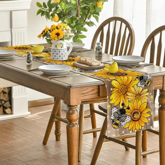Wood Sunflower Bee Flower Polka Dot Summer Table Runner, Seasonal Kitchen Dining Table Decoration for Indoor Party Home 13x72 Inch {4}