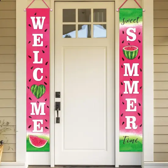 Welcome Summer Watermelon Porch Banner Sign, Sweet Summer Time Front Door Decorative Hanging Banner Flag, Seasonal Decoration Home Outdoor Yard Decor {3}