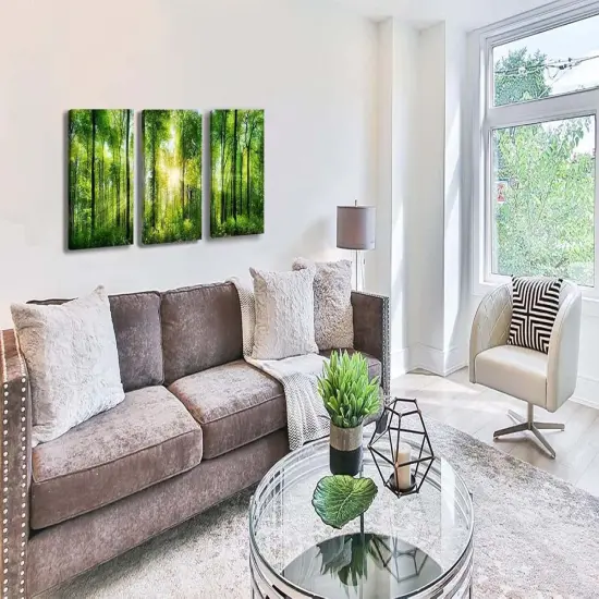 Summer Green Forest Canvas Wall Decor 12x16 inches, Home Decor with Natural Light Elements, Minimalist Canvas Print for Living Room, Bedroom, or Hallway -3 Panels Sunrise Landscape Modern Nature Art {4}