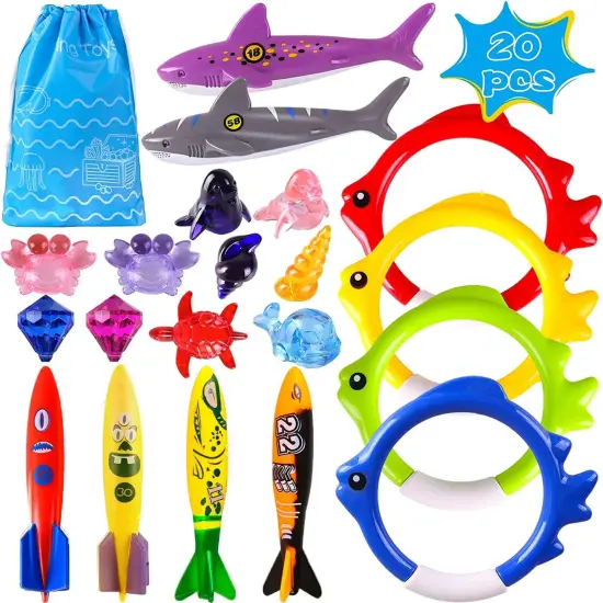 Summer Pool Diving Swimming Toys for Kids, Fun Swim Games Sinking Set, Underwater Dive Gifts with Storage Bag Include Torpedo Gems Shark Rings Sea Animals for Boys Girls Toddlers 20 Packs {1}