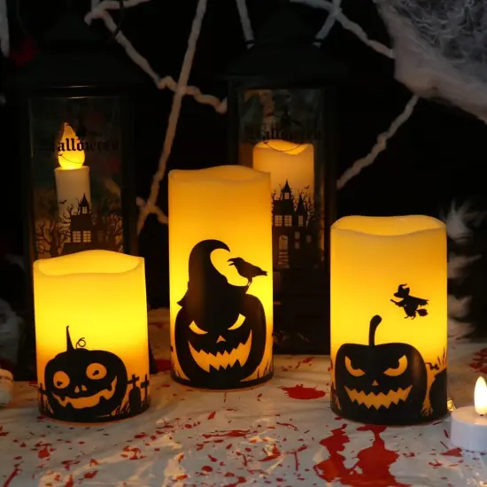Set of 3 -Halloween Flameless Candles, LED Flickering Battery Pillar Candles {3}