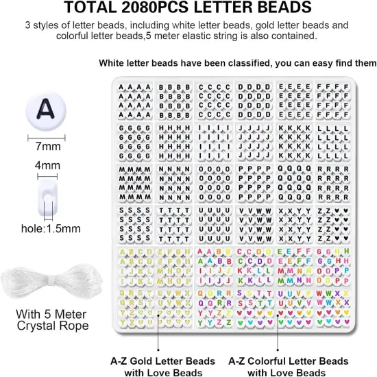 2080PCS Letter Beads,3 Colors A-Z Alphabet Beads for Jewelry Making Friendship Bracelets,White Gold Colorful Round Alphabet Beads {3}