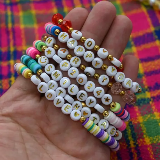 1400pcs Letter Beads A-Z 4x7mm White On Gold Round Acrylic Alphabet Heart Beads and Beading Cord for Jewelry Making Bracelets Necklaces Key Chains {3}