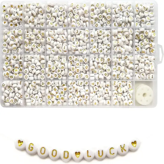 1400pcs Letter Beads A-Z 4x7mm White On Gold Round Acrylic Alphabet Heart Beads and Beading Cord for Jewelry Making Bracelets Necklaces Key Chains {1}