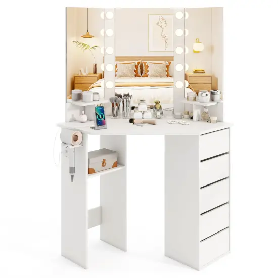 5 Drawers Corner Vanity Desk with LED Mirror and Charging Station Storage Shelves for Bedroom White {8}