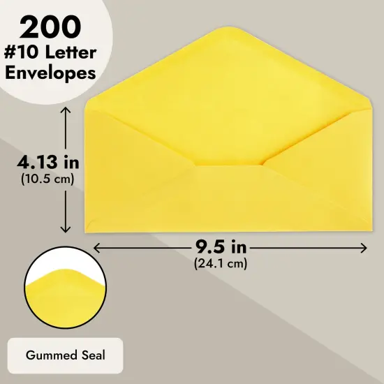 200 Pack #10 Yellow Colored Envelopes Bulk - Gummed Seal Letter Size for Party Invitations, Business Mailing, Checks, Holidays, Greeting Cards, Thank You Notes (9.4x4.1 In) {5}