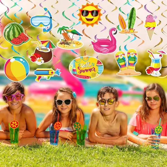 30 Pieces Summer Pool Party Hanging Swirls, Summer Ceiling Hanging Decorations, Beach Hanging Swirl Decorations for Summer Beach Tropical Hawaiian Luau Birthday Party Favors Supplies {4}