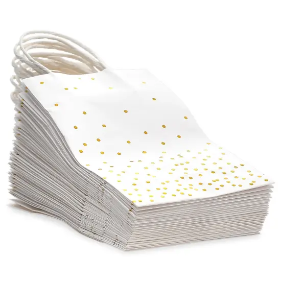 25 Pack Small Gift Bags with Handles - White Paper Bags with Gold Foil Polka Dots for Birthday, Wedding, Retail (5.5x3x9 In) {6}