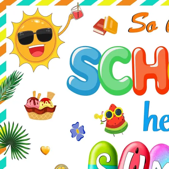 So Long School Hello Summer Backdrop Banner Colorful Sun Popsicle Party Decorations for Summer Vacation End of School Year Graduation Photography Background for Hawaii Pool Party Supplies {3}