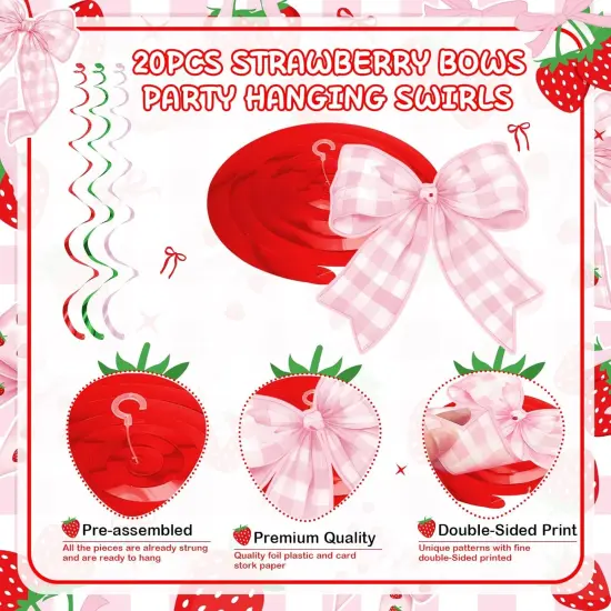 Pink Bow Strawberry Party Hanging Swirls Decorations, Berry Sweet Strawberry Theme Party Foil Ceiling Swirl for Summer {3}
