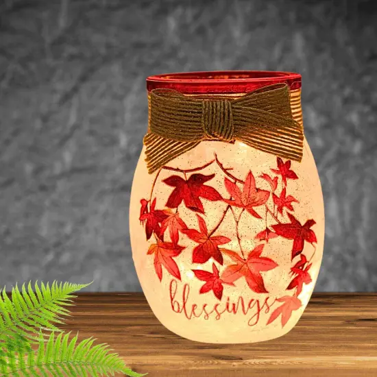 Stony Creek 4.0 Inch Fall Pre-Lit Vase Jar Thanksgiving Lighted Glass Accent , Thanksgiving Decor Electric Thanksgiving LEAVES {4}