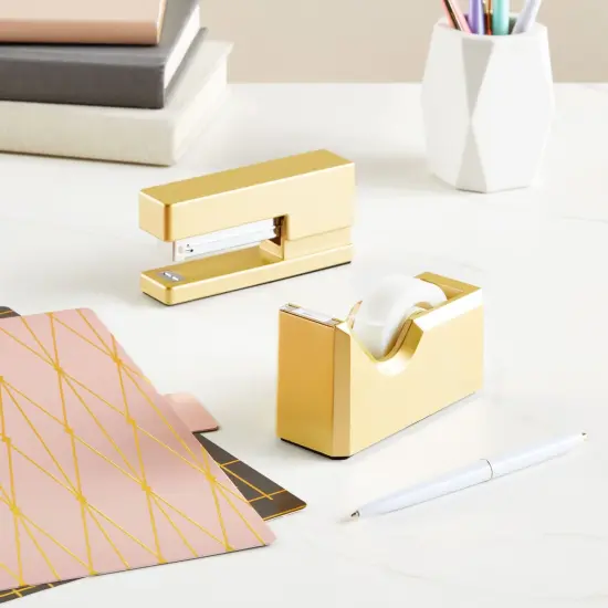 2 Piece Matte Gold Stapler and Tape Dispenser Set for Home Office Decor, Classroom Supplies, Desk Accessories for Dorm Room, Students, Teachers, Office Organization {2}
