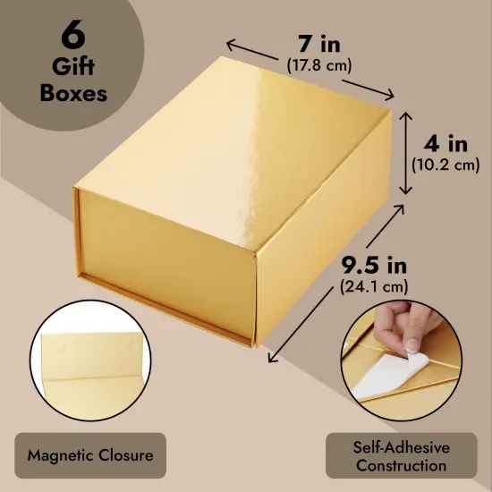 6 Pack Magnetic Gift Boxes with Lids, 9.5 x 7 x 4 Inches for Birthday, Wedding, Groomsman and Bridesmaid Proposal Box (Gold) {3}