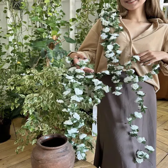 Artificial Rose Rattan Garland Fake Rose Vine Hanging Rose Ivy White Flowers Home Hotel Office Wedding Party Garden Craft Art Decoration {3}