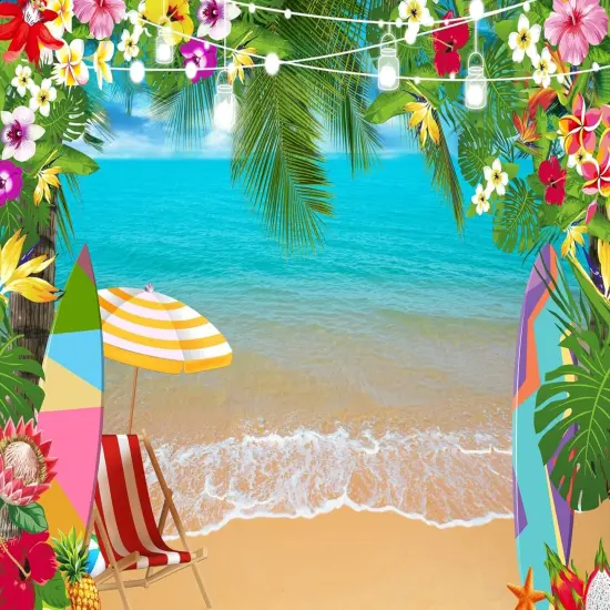 Summer Hawaiian Beach Backdrop for Photography Tropical Flower Aloha Backdrop Blue Sky Ocean Palm Leaves Background Birthday Party Decor Baby Shower Photoshoot {1}