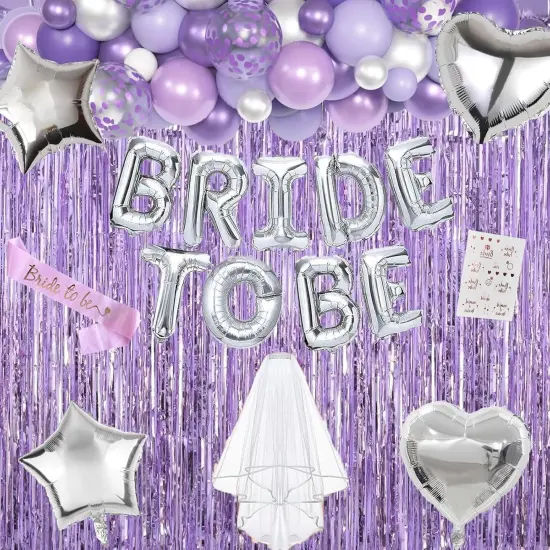 Lavender Bachelorette Party Decorations Set- Purple Bridal Shower Decorations Engagement Wedding Party Decor with Bride To Be Sash, Veil, Temporary Tattoos, Confetti Balloons Pack and Fringe Curtain {4}