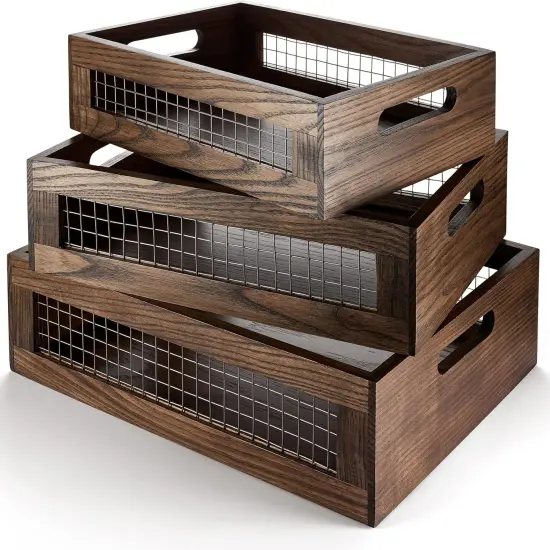 Wooden Nesting Countertop Baskets Set of 3 for Kitchen, Bathroom, Pantry|Wall Mount Upgrade with Full Accessories {1}