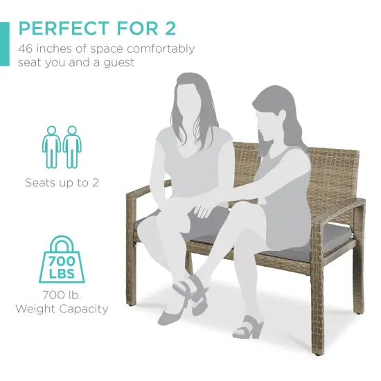 Best Choice Products 2-Person Outdoor Wicker Bench Garden Patio Porch Furniture w/ 700lb Capacity, Cushion Gray/Taupe {6}