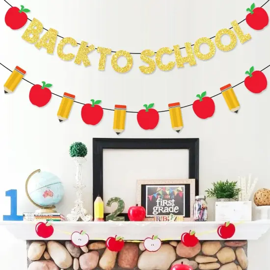 Pre-Strung Welcome Back to School Decorations Banner Gold Glitter {2}