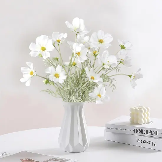 Summer Daisy Flowers Artificial White Cosmos Tabletop Decor Silk Flowers 5PCS Fake Wildflowers Artificial Daisies Faux Flowers for Living Room Decor Wedding Bouquets for Bride (White) {5}