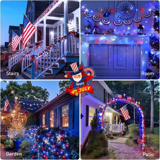 Red White & Blue Lights Clear Wire, 66 Ft 200 LED 4th of July Decorations {4}