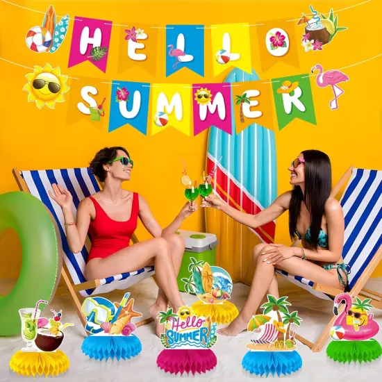 Summer Party Decorations Hello Summer Banner Hanging Swirls and Honeycomb Centerpieces Beach Pool Decorations for Pool Holiday Birthday Party Supplies {5}