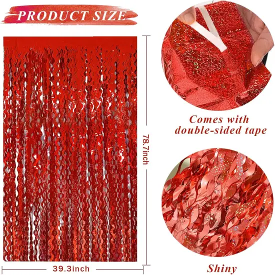 Red Streamers Tinsel Foil Fringe Curtains Wavy for Parties Sparkle Metallic Wavy Foil Fringe Backdrop Curtain for Party Decorations Photo Booth Props Birthday Graduation Wedding Valentines Decor {2}