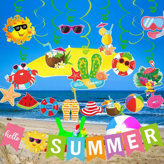 Summer Party Decorations Colorful Hello Summer Banner Summer Beach Pool Hanging Swirls Summer Vacation Garland Pool Summer Holiday Beach Party Decorations Supplies {3}