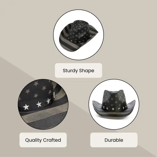 USA Straw American Flag Cowboy Hat for Men, Women, Looks Vintage Cowgirl Hat for Costume Party (Adult Size) Black {4}