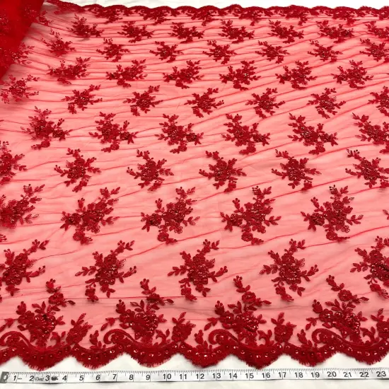 1 Yard Beaded Corded Bridal Lace Fabric Embroidered Mesh Champagne 54" Width Red {1}