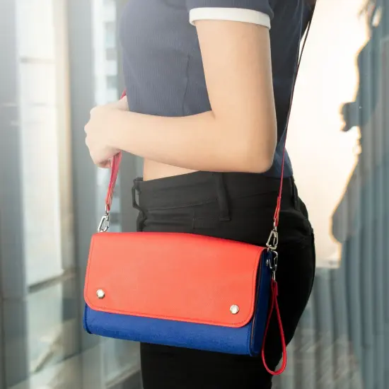 Insten Carrying Case Purse For Nintendo Switch and OLED Model, PU Leather Cover Travel Bag Sleeve Pouch, With Detachable Shoulder and Hand Strap For Girls Boys Women, Red/Blue {7}