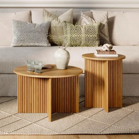 Stead Round Fluted Nesting Coffee Tables, 2 Piece Coffee Table Set, Modern Coffee Table for Living Room, Modern Home Decor, Solid Wood Base and Wood Grain Veneer Top (Medium Oak) {1}