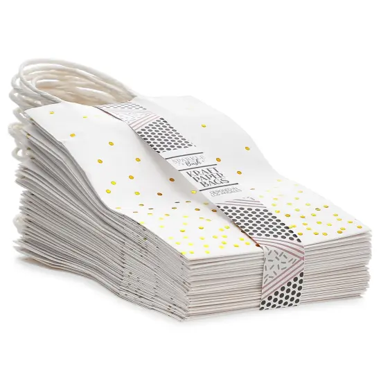 25 Pack Small Gift Bags with Handles - White Paper Bags with Gold Foil Polka Dots for Birthday, Wedding, Retail (5.5x3x9 In) {7}